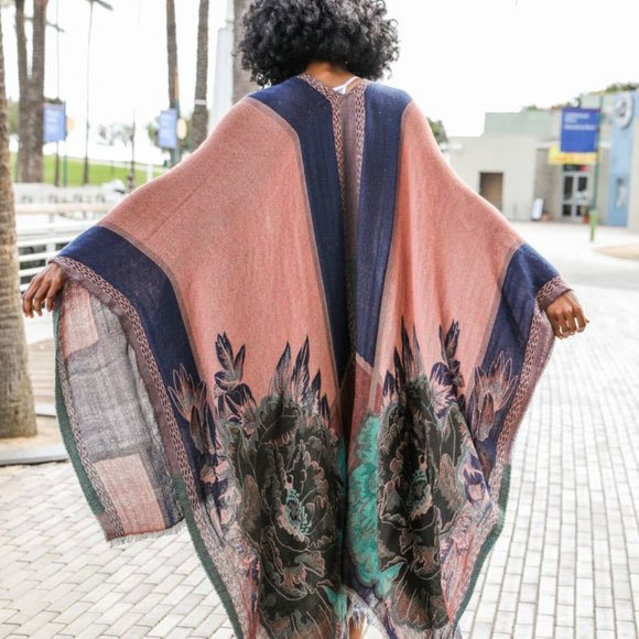 Tops | Rose Turquoise Red Ruana Kimono One Size New Navy | Poshmark